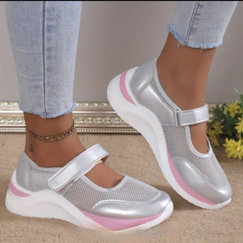 Women's Wedge Mesh Hollow Out Casual Shoes, Solid Color Hook And Loop Shoes